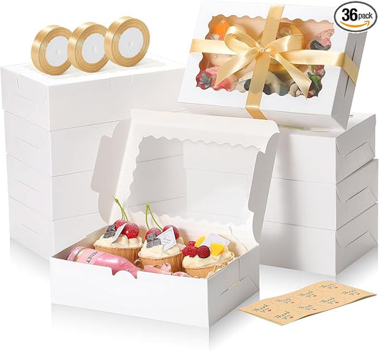36 Pack Cookie boxes with Window,9x6x2.5 Inch Large Bakery Boxes with Ribbon and Sticks for Chocolate Covered Strawberries Muffins Donuts Pastry Dessert