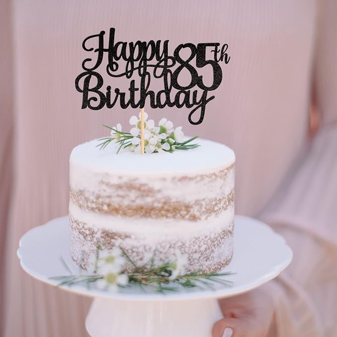 1 PCS Happy 85th Birthday Cake Topper Glitter Cheers to 85 Years Birthday Cake Pick 85 Fabulous Cake Decoration for Happy 85th Birthday Theme Party Decorations Supplies Black