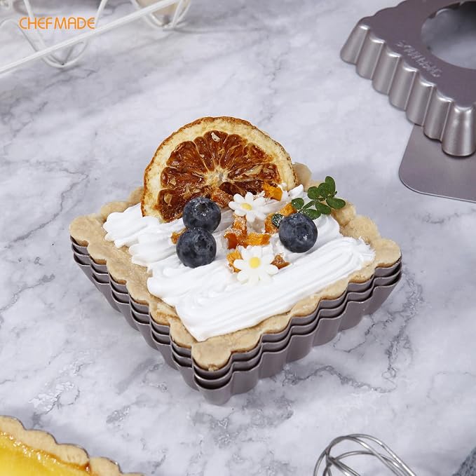 CHEFMADE Mini Square Tart Pan Set, 4-Inch 4Pcs with Removable Loose Bottom Non-Stick Square-shaped Quiche Bakeware for Oven and Instant Pot Baking (Champagne Gold)
