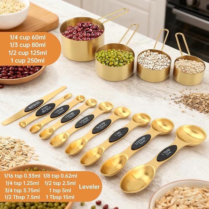 Gold Measuring Cups and Spoons Set, 13-Piece Stainless Steel, 4 Nesting Cups + 8 Double-Sided Measuring Spoons + Leveler, Engraved Sizes, Gold Finish for Cooking and Baking