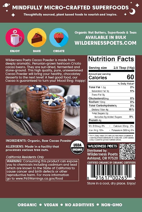 Wilderness Poets, Organic Cacao Powder. Unsweetened, 100% Peruvian Heirloom Cacao (Criollo Variety) -32 Ounce - 2 Pound