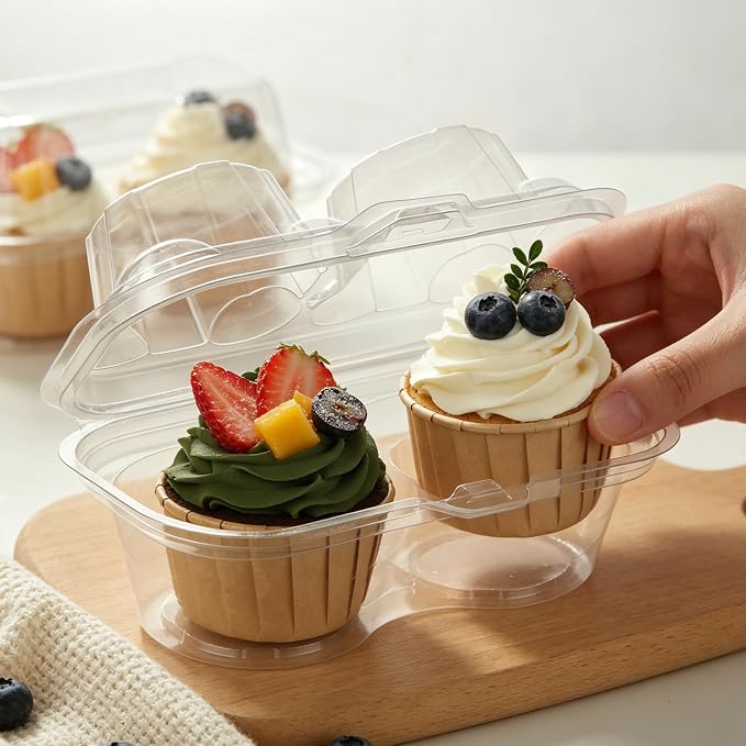 50 Pcs Cupcake Containers 2 Count, 2 Pack Cupcake Containers with Clear PET Hinged Lid, Double Dessert Holder Boxes for Muffins, Bakery, Parties and Sweet Gifts