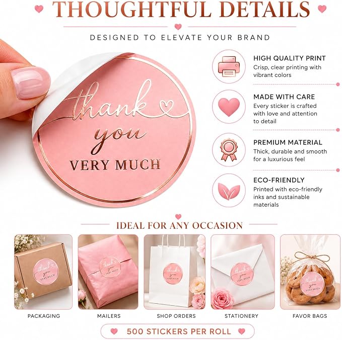 Thank You Stickers for Small Business – 500 Blush Pink Round Stickers with Rose Gold Foil, 1.5 Inch Waterproof Adhesive Labels for Packaging, Gifts & Envelopes