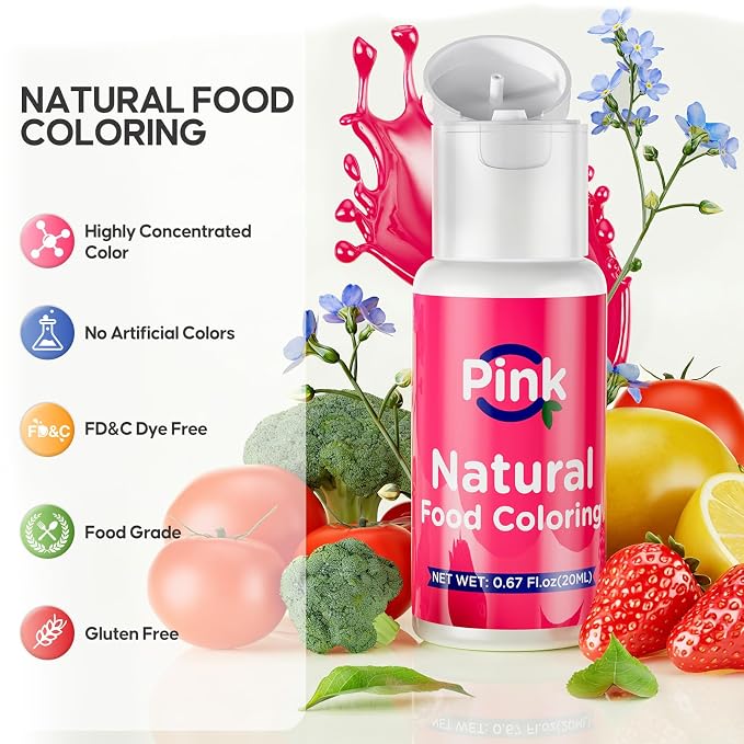 Natural Food Coloring- 20 Milliliters Dye Free Natural Food Coloring, FD&C & Artificial Dye Free Formula for Baking, Icing and Cooking, Cakes, Cupcakes, Frosting，Easter Eggs & Holiday Treats (PINK)