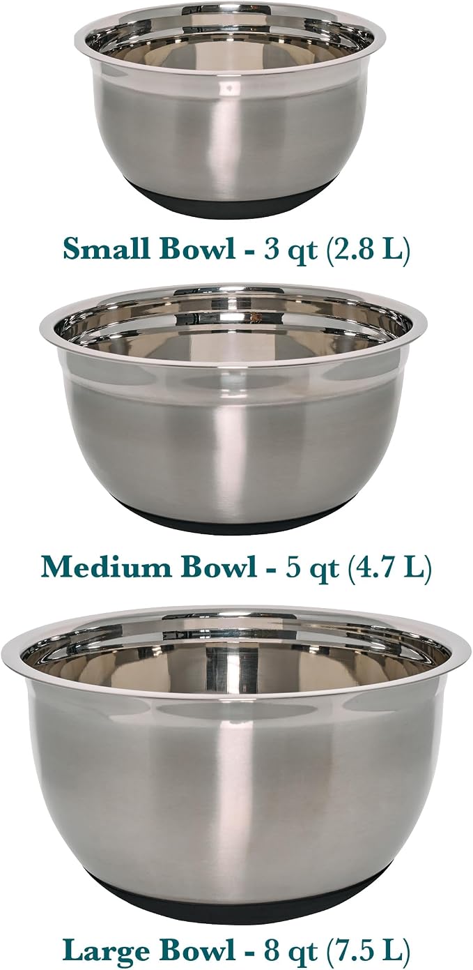 Chicago Metallic Stainless Steel Mixing Bowls Set of 3-3 Qt, 5 Qt, 8 Qt Nesting Bowls with Nonslip Silicone Bases, Dishwasher Safe, Rust Resistant for Kitchen Prep, Serving, and Food Storage