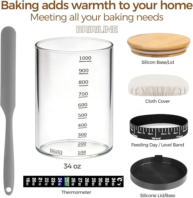 BRIRILINE Pro Sourdough Bread Starter Kit - 34 oz sourdough jar with 5 unique features for the perfect sour dough bread & sourdough starter kit - baking supplies (34oz-1pack)