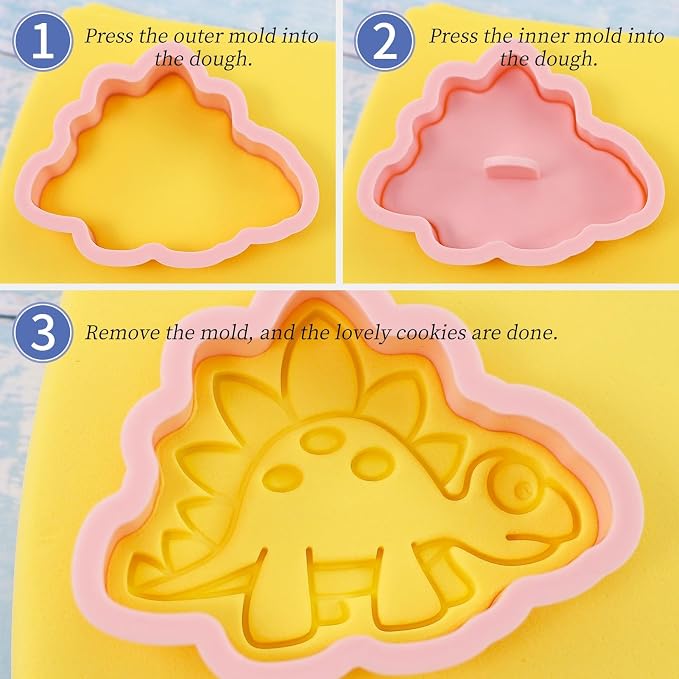 Mini Dino Cookie Cutters with Cookie Stamps 8 Pcs Small Baking Supplies for Kids Dinosaur Theme Birthday Party (Dinosaur C)