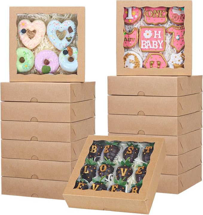 TEMLQPACK 15pcs 8x8x2 Inch Brown Bakery Boxes with Window - Christmas Cookies/Cakesicle Storage