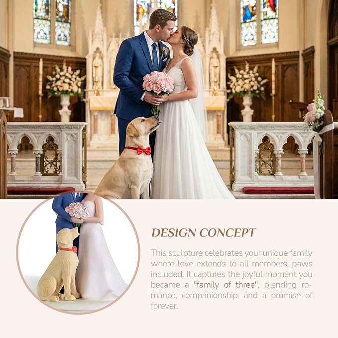 Storieme Bride Groom Cake Topper: Couple and Pet Dog Resin Figurine with Secure Base - Newlyweds Family Gifts for Wedding Anniversary & Engagement