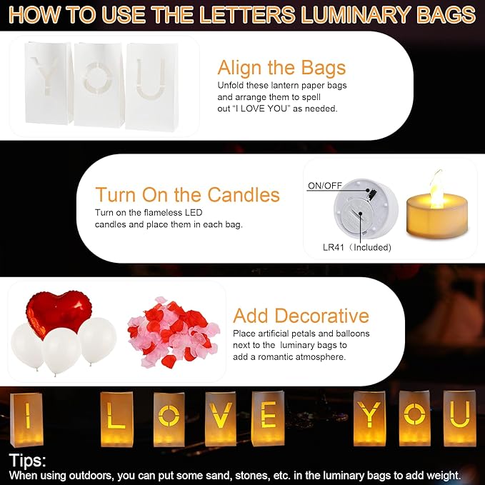 I Love You Light Up Letters, Luminary Paper Bags with LED Tea Lights Rose Petals Latex Heart Balloons for Her Valentines' Day Anniversary Wedding Proposal Decorations
