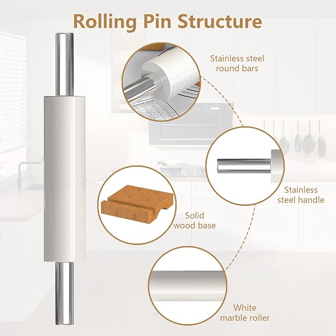 18.5'' Marble Rolling Pin,Stainless Steel Handles,3-Thickness Rings&Stand | Uniform Dough Thickness Control, Mepple Rolling Pin Ideal For Baking Fondant, Pizza, Pie Crust, Cookies,Pastries and More