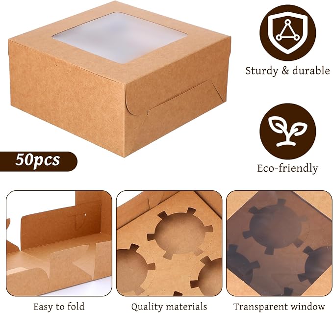50 PCS Window Cupcake Boxes 4 Count, 6.3x6.3x3 Inch Muffin Boxes with Clear PET Lid & Paperboard, Disposable Bakery Containers for Pastries Cookies Desserts
