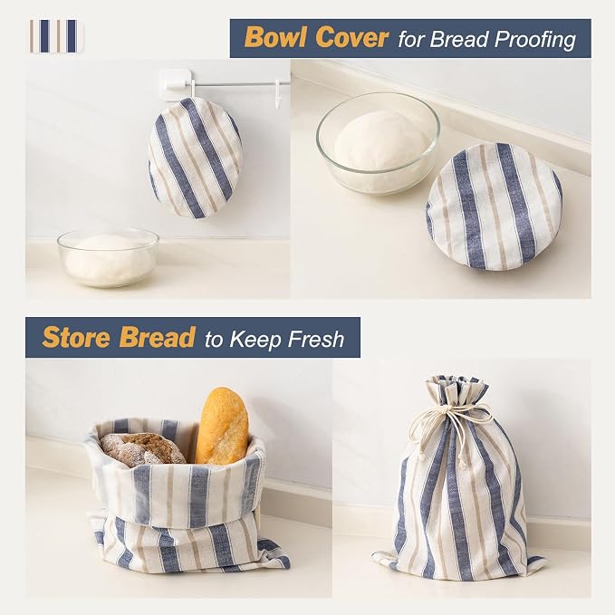 Linen Bread Bag for Homemade Sourdough Bread with Proofing Cover, Reusable Linen Sourdough Bread Storage Bag - Plastic Lined - with Proofing Bowl Cover