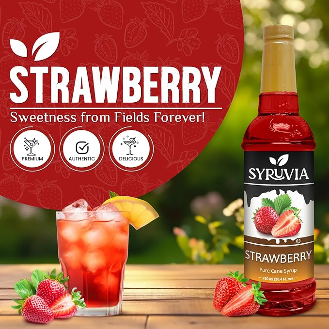 Syruvia Strawberry Syrup, Flavored Syrup for Cocktails, Fruit Drinks, Lemonades, and Desserts – 25.4 fl oz - with Pump