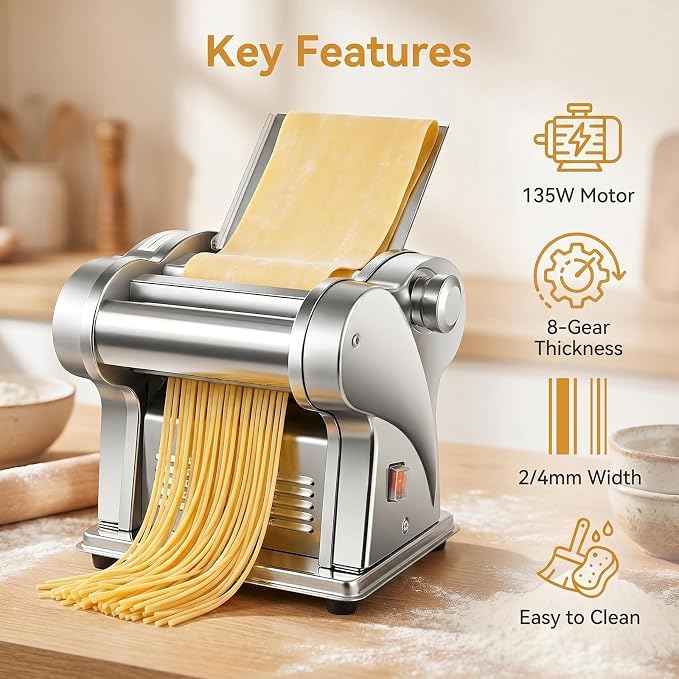 Electric Pasta Maker - 2 in 1 Pasta Sheet Roller & Cutter, 8 Thickness Settings, Stainless Steel Pasta Machine for Spaghetti, Fettuccine, Ravioli, Lasagna, Dough Sheeter