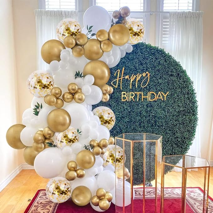 Bezente White Gold Balloons Arch Garland Kit, 100Pcs White Gold Metallic Chrome and Gold Confetti Balloons Arch for Wedding, Birthday, Engagement, Bridal Shower Special Events Party Decoration