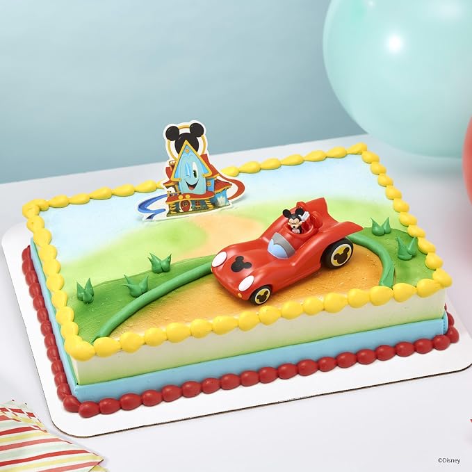 DecoSet Disney Mickey Mouse Funhouse Sweet Adventures, 2-Piece Topper Set with Waving Mickey In Car and Pic To Set The Scene, For Birthday, Party, Celebration