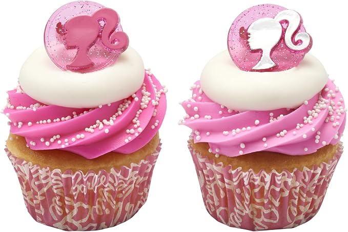 DecoPac Barbie Rings, 24 Barbie Silhouette Cupcake Decorations, Pink Glitter Cake Toppers For Birthday, Parties, Celebrations - 24 Pack