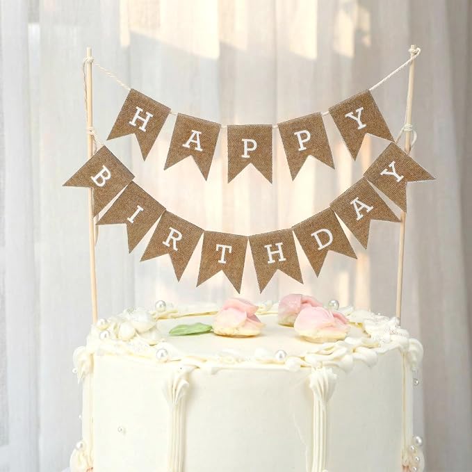 Tegeme Happy Birthday Cake Topper Burlap Cake Bunting Topper with Wood Pole Handmade Pennant Flags for Birthday, Bridal Party Decoration