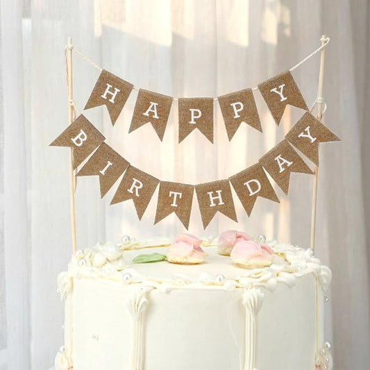 Tegeme Happy Birthday Cake Topper Burlap Cake Bunting Topper with Wood Pole Handmade Pennant Flags for Birthday, Bridal Party Decoration