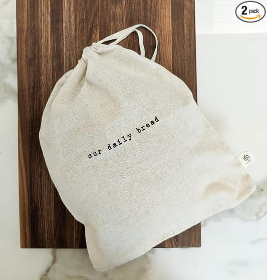 2 Pack Combo 1 (15x12 Boule) 1 (6x26 Baguette) Reusable Drawstring Bread Bags, Breathable, Washable, Linen, Beige