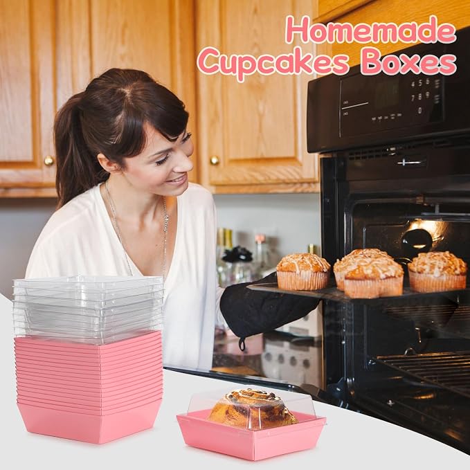50 Pcs Mini Charcuterie Boxes with Clear Lids, 4.5x4.5 Inches Dessert Boxes Square Disposable Bakery Boxes to Go Containers for Daughter, Wedding, Party, Valentine, Cake & Cookies (Pink)