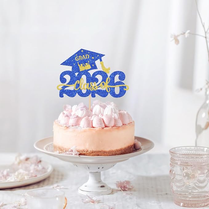1 Pack Class of 2026 Cake Topper Glitter Congrats Grad Cap 2026 Graduation Cake Pick for 2026 Graduation Theme High School Graduate Party Cake Decorations Supplies Blue Gold
