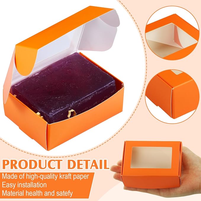 Zonon 30 Pcs Soap Boxes for Homemade Packaging, Mini Kraft Boxes with Window for Bakery Candy Soap Making Gift Packaging, 3.7x2.6x1.4 Inch (Orange)