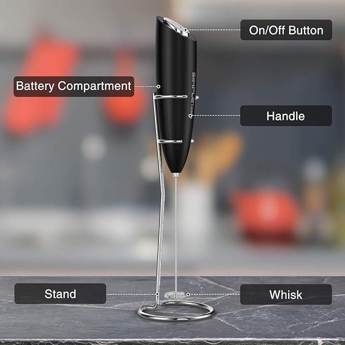 SIMPLETASTE Milk Frother Handheld Electric Foam Maker, Drink Mixer with Stainless Steel Whisk for Cappuccino, Bulletproof Coffee, Latte, Black, with Stand, Battery Operated