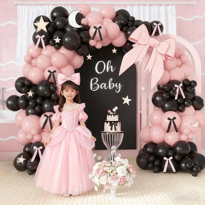 Pink Black Balloon Garland Arch Kit, 172Pcs Pink and Black Balloons for Coquette Birthday Wedding Baby Shower Bridal Shower Graduation Prom Party Decorations with Bows