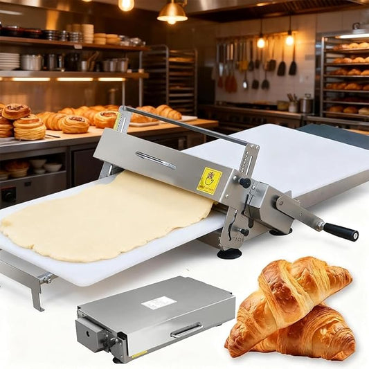 Stainless Steel Dough Roller Machine, Folding Manual Dough Sheeter, 0-27mm Thickness Adjustment, with Press Panel, for Home and Commercial Baking, Puff Pastry & Pizza
