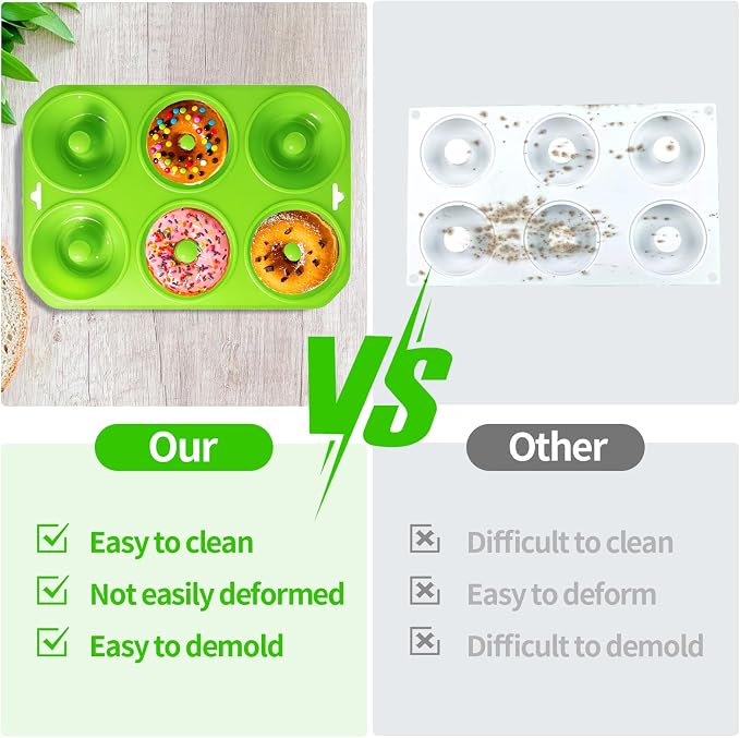 2PCS Silicone Donut Mold, 6 Holes BPA Free Donut Pan Baking Mold, Donut Pan for Baking Heat Resistant Doughnut Baking Pan Non-Stick Food Grade Silicone Doughnut Pan Set (Green)