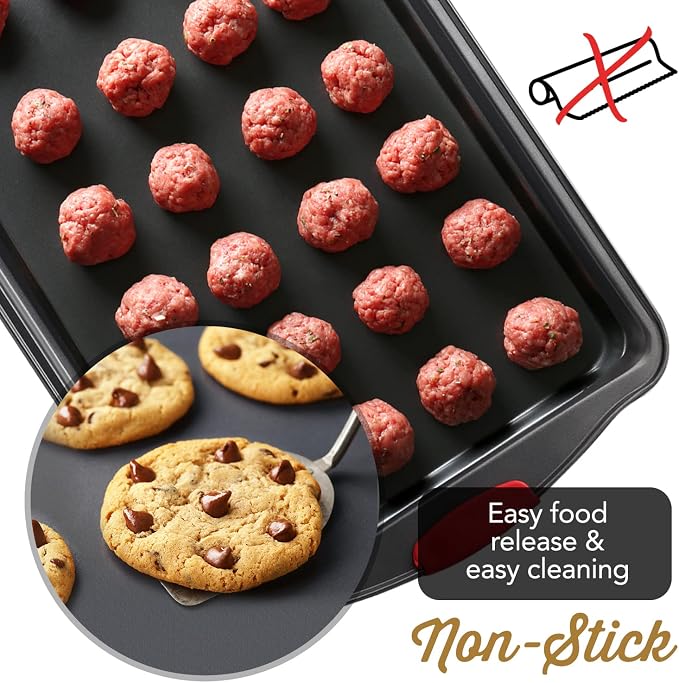 Eatex Nonstick Baking Sheet Set, 2-Piece Baking Pans Set with Silicone Handles, Carbon Steel Cookie Sheets for Baking Commercial Grade Quality Oven Tray, Large Half Sheet Pans for Baking
