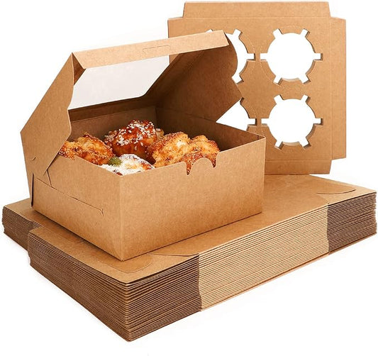 EUSOAR Muffins Boxes 4 Count, 50pcs Muffin Containers Cupcake Boxes with Insert and Display Window, Natural Color Kraft Cupcake Carrier Fits 4 Cupcakes or Muffins (6.4" x 6.3")