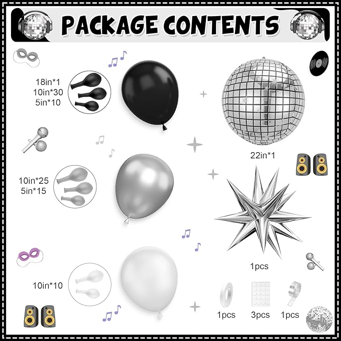 Black Silver Disco Ball Balloons Arch Kit, Black Silver Clear Balloons Garland with Large Disco Balls and Explosion Star Foil Balloons, for Disco Dance Diamond Birthday Graduation New Year Decoration