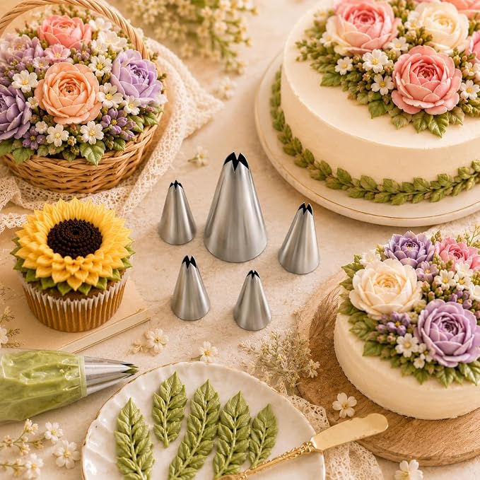 5 Pcs Leaf Piping Tips Set, Stainless Steel Cake Decorating Tips for Buttercream, Frosting Icing Nozzles for Cupcakes, Cookies, Cakes – Includes 67, 68, 70, 352, 113 – Dishwasher Safe