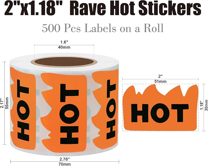 Hybsk 500pcs Rave Hot Stickers 2 x 1-1/5 Inch Fluorescent Hot Flame Fire Shape Labels Marking Items for Restauresent Supermarkets Stores Shops (Fluorescent Orange)