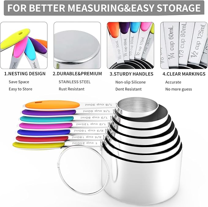 TILUCK Nesting Measuring Cups and Spoons Set, Stainless Steel with Soft Silicone Handle – Heavy Duty & Dishwasher Safe for Measuring Dry/Liquid Ingredients, Ideal for Cooking & Baking (14)