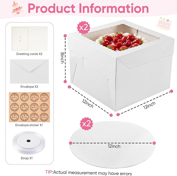 2 Pack 12 x 12 x 8 in Cake Boxes with Window & Cake Boards — Disposable Cake Carrier Boxes with Lid, Includes Stickers, Envelopes, Greeting Cards & Ribbon — Bakery Boxes for Cakes & Cupcakes