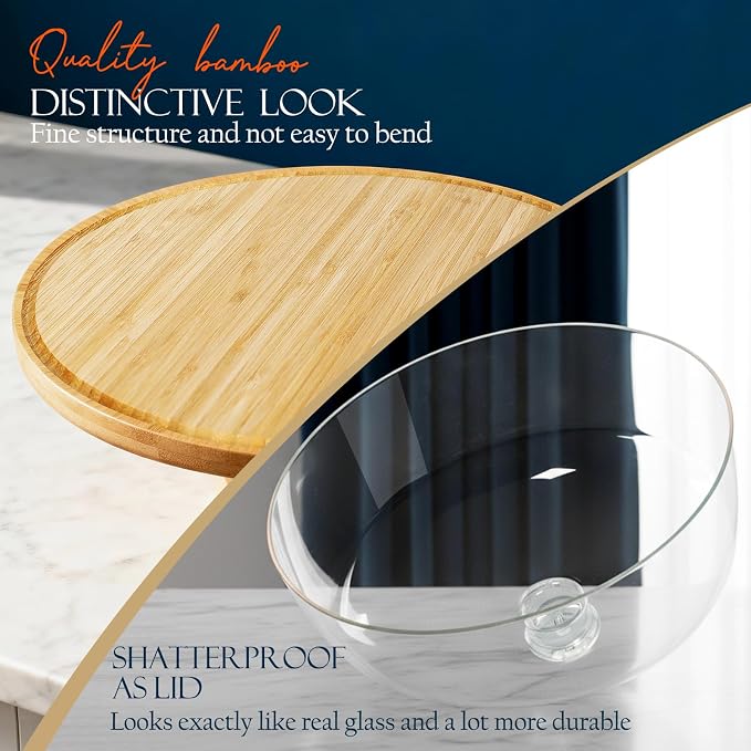 Masthome Bamboo Cake Stand with Acrylic Dome Lid, 6-in-1 Multi Functional Serving Platter & Dessert Display Stand,Charcuterie Board,Fruit Tray,Dip Bowl,Serving Platter for Wedding,Christmas Party