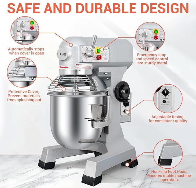 Commercial Food Mixer 10Qt. It can be set to run for 60 minutes at a time,500W Dough Mixer with Stainless Steel Bowl Dough Hooks Whisk Beater, With Safety Guard for Bakeries Restaurants Pizzerias