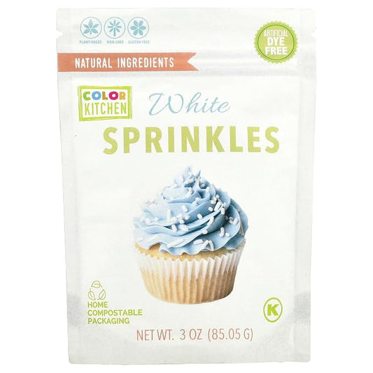 Color Kitchen White Cake Sprinkles, Natural Baking Decorations for Cookies and Ice Cream, Artificial Dye Free, Plant Based, Gluten Free, Non GMO, Soy Free, Kosher, No Hydrogenated Oils - 3 Oz