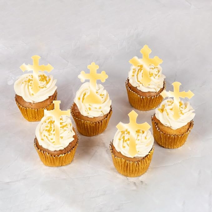 60 PCS Edible Cross Cupcake Toppers God Bless and Baptism Cupcake Toppers Edible Cross Cupcake Pick First Communion Cake Decorations for Religious Theme Baby Shower Birthday Party Supplies Retro Gold