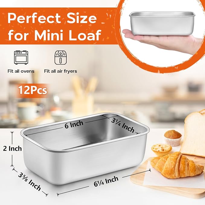 Onader 12 Pack Mini Loaf Pan for Baking Bread, 6¼ x 3⅝ Inch Stainless Steel Bread Pan, Small Meatloaf Baking Loaf Pan for Homemade Sourdough Brownie Cake, Dishwasher Safe