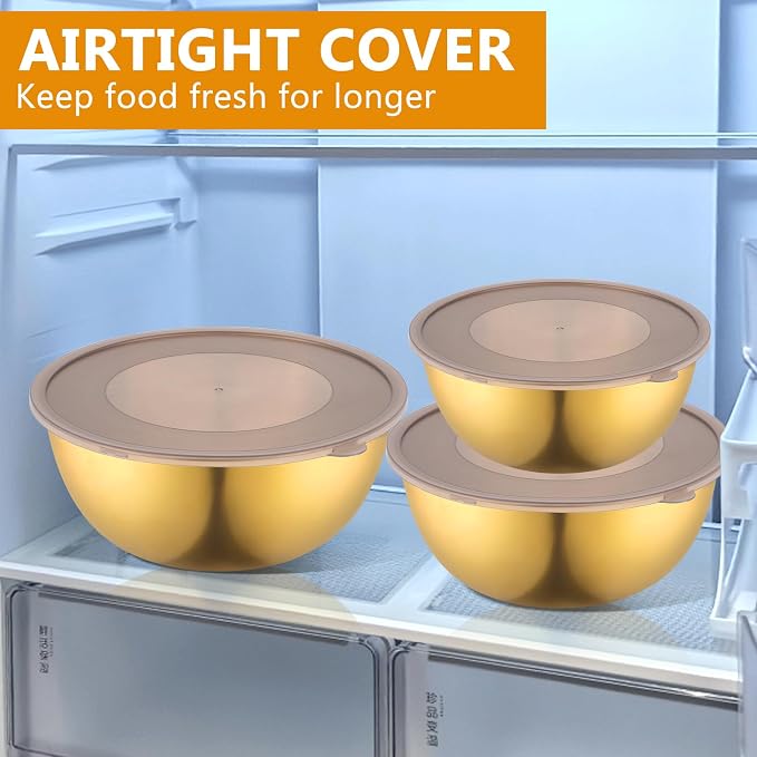 Gold Mixing Bowls with Airtight Lids Stainless Steel Mixing Bowl Set of 3 Metal Nesting Organizers and 1 Colander Non-slip Bottom for Baking Serving Food Size 2.22, 1.27,0.74 QT, Stackable