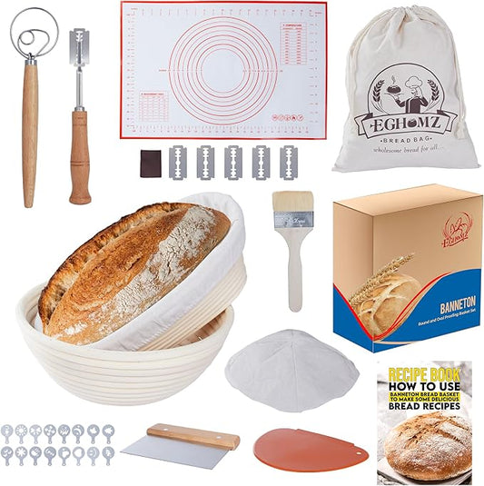 17 Pieces Banneton Bread Proofing Basket Set - 9 inch Round and 10 inch Oval Sourdough Bread Proofing Baskets - A Complete Bread Making Kit, Danish Whisk, Bowl Scraper, Dough Scraper, & Bread Lame