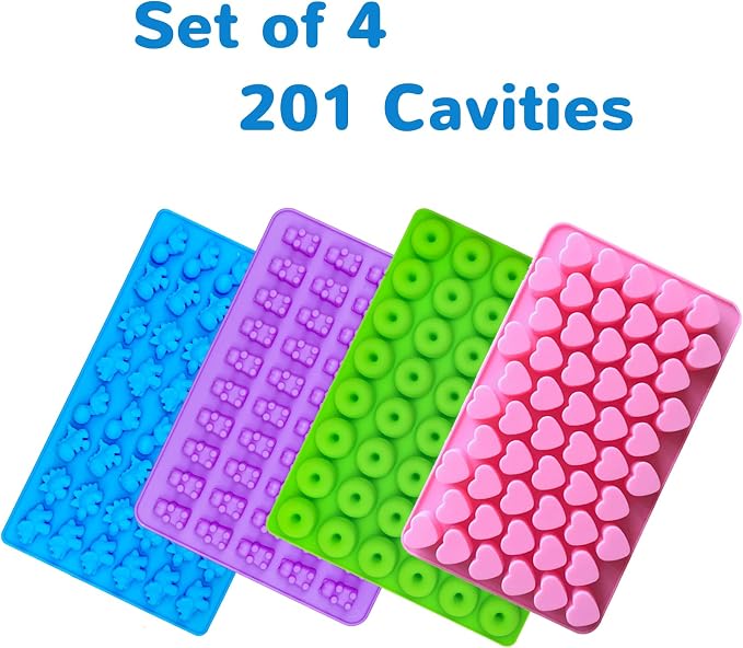 WARM TIME Gummy Bear Candy Molds Silicone, Mini Gummy Molds with 2 Droppers, Food Grade Non-Stick Silicone Molds Including Heart, Dinosaur, Bear, and Donut, Set of 4