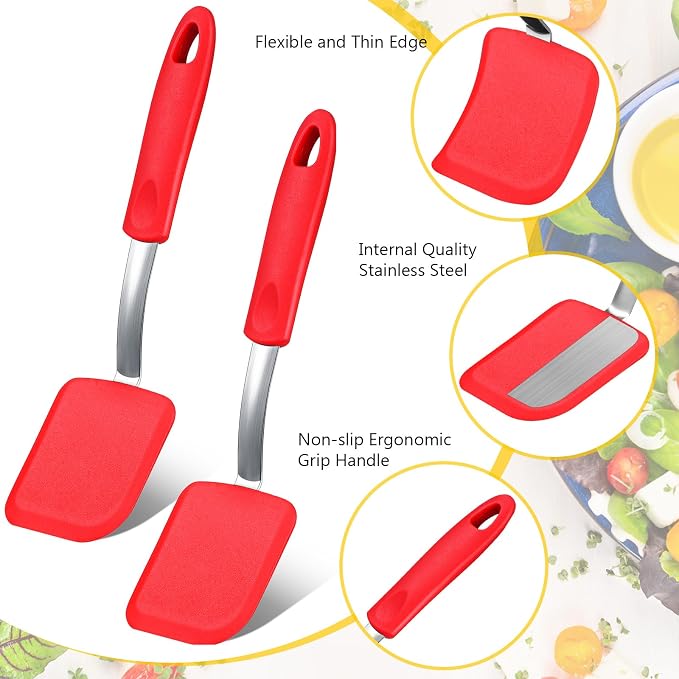 Silicone Cookie Spatula Turner 2 Pack Mini Brownie Spatula Flexible Kitchen Small Silicone Turner for Nonstick Cookware Heat Resistant No Scratch Flipper for Pancake(Solid Flat,Red)