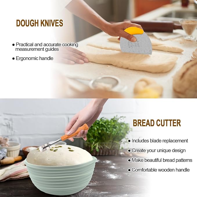 Silicone Banneton Bread Proofing Basket Oval, Sourdough Starter Kit, Bread Making Tool Supplies Accessories, Bowl for Rising Baking Round Brotform Set Homemade Essentials (Light Green)