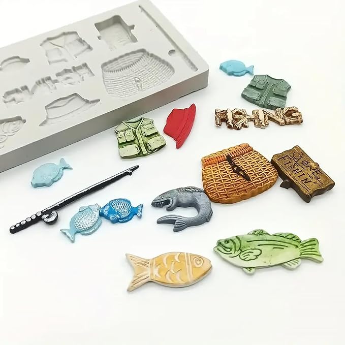Grey Fishing Tool Silicone Mold, Small Fish Fondant Molds, for Kitchen Baking Cake Decoration, Chocolate, Candy, Mousse, Salty Dough, Butter, Sugar Process, UV Resin, Polymer Clay